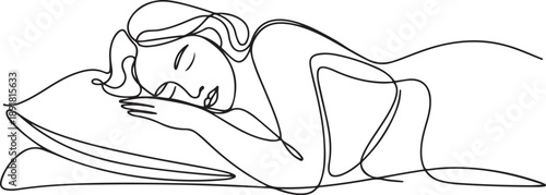Continuous single line sketch drawing of woman sleeping on pillow bed.one line vector illustration with out background