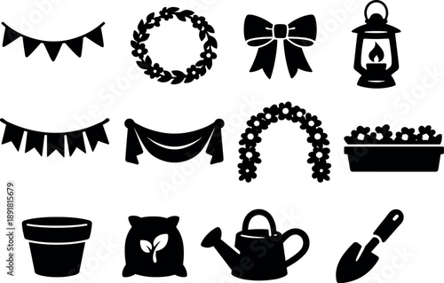 Solid vector icons of spring holiday decor: garland, wreath ring, ribbon bow, lantern, banner, fabric swag, floral arch, planter,