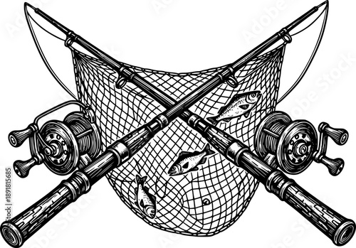 Detailed woodcut illustration of crossed fishing rods on a white
