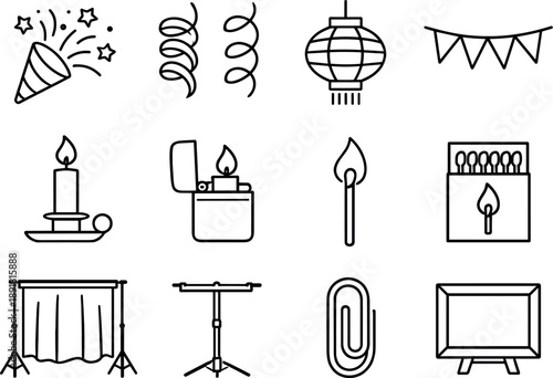 Line style vector icons of Party decoration icons: confetti, streamer, lantern, flag; candle, holder, lighter, match; backdrop,