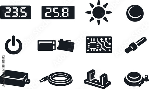 Solid vector icons of digital temperature measurement: digital display, numeric readout, backlight, button, power icon, battery