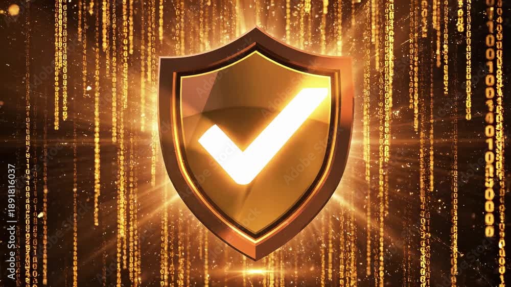 Shield with checkmark against digital binary code background ...