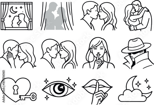 Line style vector icons of nocturnal love theme: window, curtain, shadow, silhouette; kiss, embrace, touch, gaze; secrecy,
