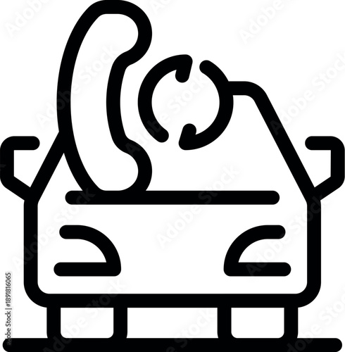 Car sharing app connecting drivers and passengers, featuring a phone with ringing symbol on top of a vehicle, symbolizing booking and transportation