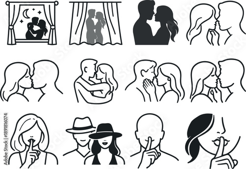 Line style vector icons of nocturnal love theme: window, curtain, shadow, silhouette; kiss, embrace, touch, gaze; secrecy,