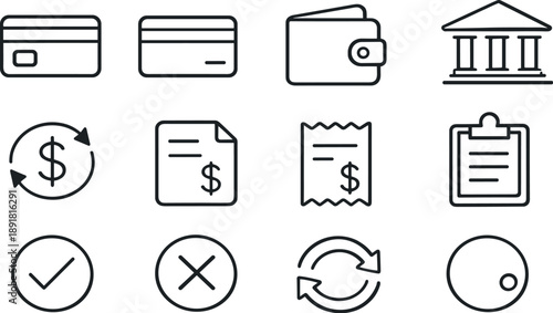 Line style icons of payment subscription: credit, card, wallet, bank; charge, bill, invoice, receipt; success, fail, retry,