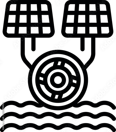 Hydroelectric power generation with water turbine powered by solar panels, renewable energy concept