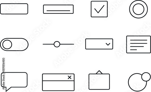 Line style vector icons of UI component icons: button, input, checkbox, radio; toggle, slider, dropdown, textarea; tooltip, modal