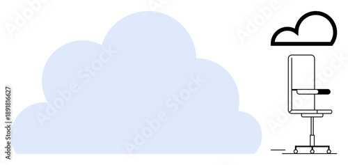Cloud computing, remote work, digital connectivity, office ergonomics, online collaboration, work environment. Blue cloud shape and office chair. Cloud computing and remote work theme