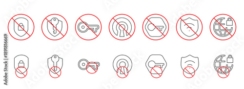 Ban VPN and security restriction icons editable stroke. Access denied vector set. Blocked internet and firewall prohibition line art symbols. No VPN allowed icons, Network security warning symbols.