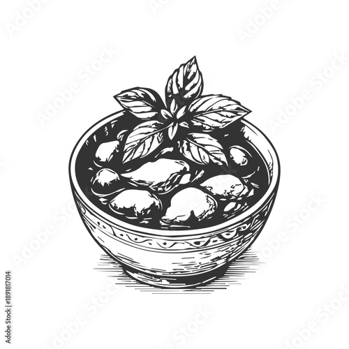 Bowl of soup with dumplings and basil