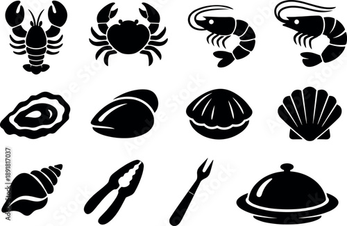 Solid vector icons of shellfish assortment: lobster, crab, shrimp, prawn, oyster, mussel, clam, scallop, shell, shell cracker,