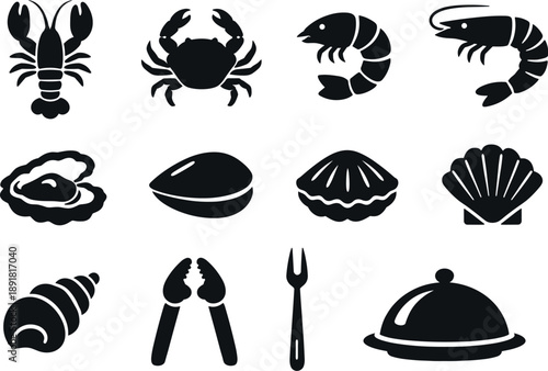 Solid vector icons of shellfish assortment: lobster, crab, shrimp, prawn, oyster, mussel, clam, scallop, shell, shell cracker,