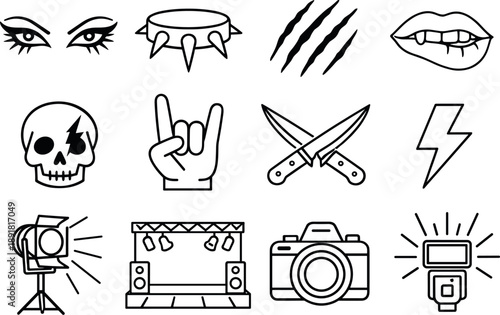 Line style vector icons of edgy makeup aesthetics: edge, spike, slash, mark; attitude, rebel, boldness, power; spotlight, stage,