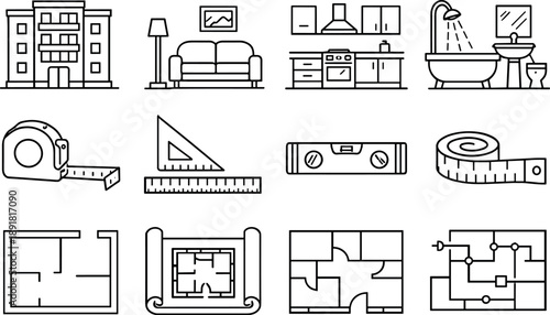 Line style vector icons of renovation learning program: apartment, room, kitchen, bathroom; measure, ruler, tape, level; plan,
