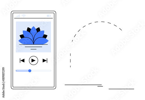 Smartphone screen with music app, blue lotus design, playpause buttons, and slider. Ideal for wellness, relaxation, meditation, streaming productivity mindfulness focus. Simple flat metaphor