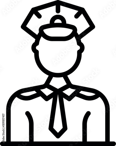 Line drawing of a police officer wearing a uniform, hat with tie and epaulets