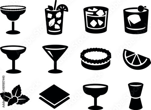 Solid vector icons of cocktail selection: margarita, mojito, negroni, old fashioned, daiquiri, cosmopolitan, salt rim, lime wedge