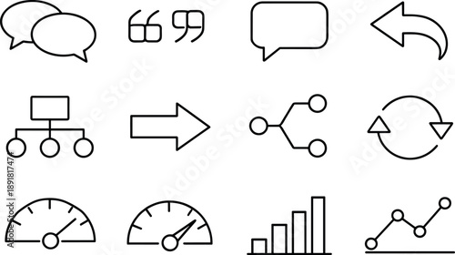 Symmetrical AI Icon Grid. Line style of conversational AI vector icons: dialog, quote, bubble, reply; flowchart, arrow, branch,