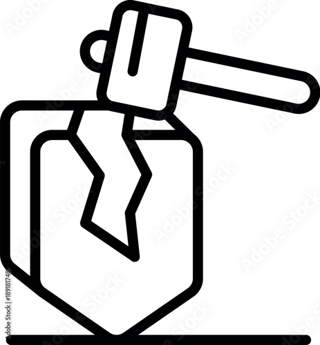 Protection system failing, security breach with hammer breaking shield, cyber attack and vulnerability concept