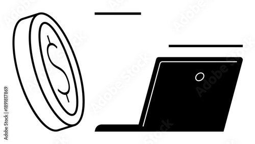 E-commerce, financial technology, online payment, virtual currency, modern business, digital economy. Black and white ion of a coin and laptop. E-commerce and financial technology concept