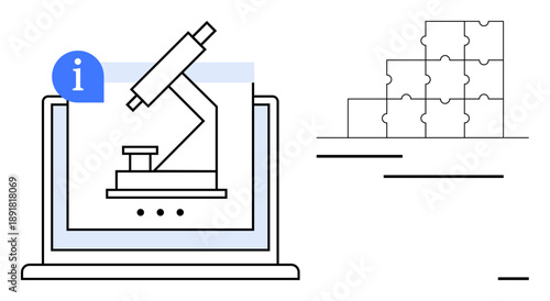 Scientific research concept. Microscope icon on a laptop scientific progress. Puzzle pieces problem solving. Ideal for science, innovation, technology, and education