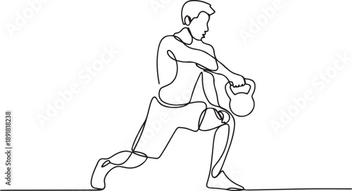 Single continuous line drawing of young sportive man training with kettlebell in sport gymnasium club center.one line vector illustration with out background