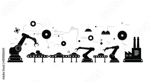 Industrial robotic arms assembling manufacturing production line with gears and machinery in factory setting with modern technology and automation