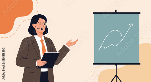 Businesswoman presenting a growth chart on a whiteboard.