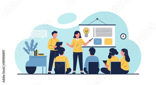 Business people attending a presentation in a modern office setting.