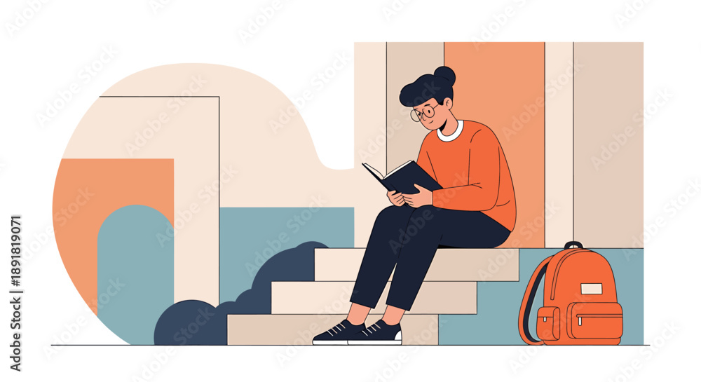 Fototapeta premium Young woman reading a book while sitting on steps outdoors.