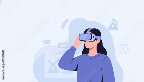 Woman wearing virtual reality headset exploring digital world.