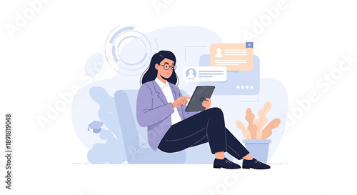 Woman sitting on couch using tablet for online communication.