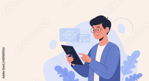 Young man wearing glasses using a tablet device.