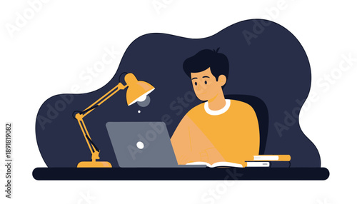 Young man studying late at night with laptop and desk lamp.