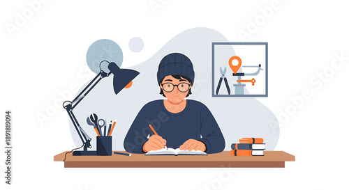 Young person wearing glasses studying at a desk with a lamp.