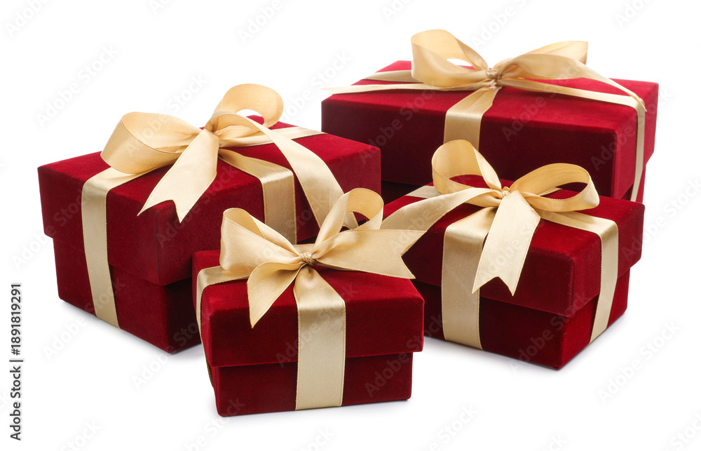 Obraz premium Saint Valentine's day. Beautiful velvet gift boxes isolated on white