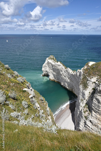 White cliffs of Etretat with beach and blue green sea on sunny day