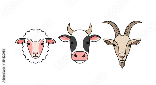 Stylized Cartoon Animal Heads Sheep Cow and Goat Icons Set for Farming and Agriculture Flat Vector