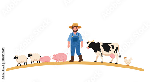 Bearded Farmer Leading Cow Sheep Pigs and Chicken across a Golden Path Flat Vector Illustration on White
