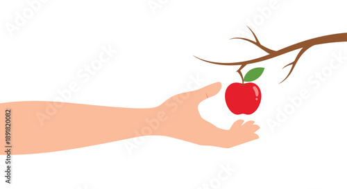 Hand Reaching for a Hanging Red Apple on a Thin Tree Branch Minimalist Vector Art Illustration