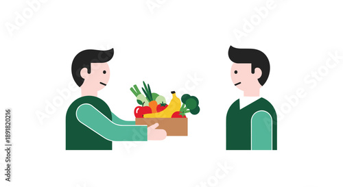 Man Giving a Box of Fresh Fruits and Vegetables to Another Person Flat Vector Illustration of Donation