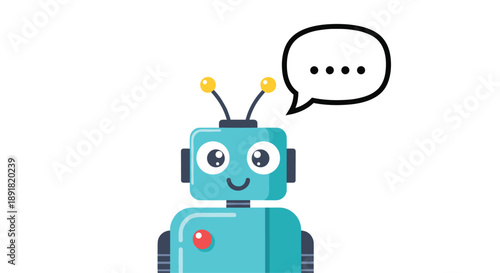 Friendly Blue Robot with a Smiling Face and Speech Bubble Standing Minimalist Vector Illustration