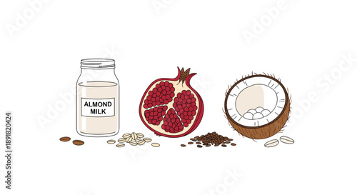 Almond Milk Jar with Pomegranate and Coconut Half Botanical Style Illustration of Healthy Ingredients.