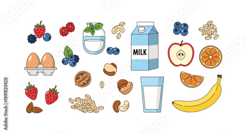 Comprehensive Healthy Breakfast Food Icons Set with Milk Berries Nuts Eggs and Fruit in Vector Style.
