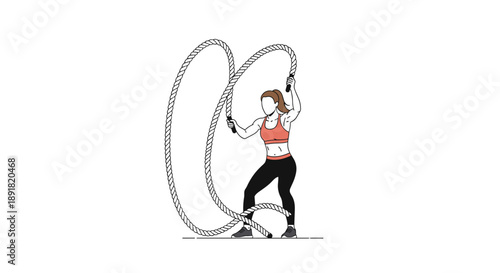 Line Art Drawing of a Female Athlete Exercising with Battle Ropes Featuring Red Sportswear.