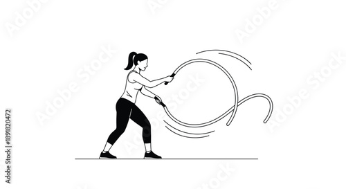 Black and White Silhouette of a Woman Performing Battle Rope Exercise Minimalist Fitness Graphic.