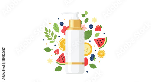 White Pump Bottle Centered in a Wreath of Fruits Flowers and Mint Leaves Graphic Design.