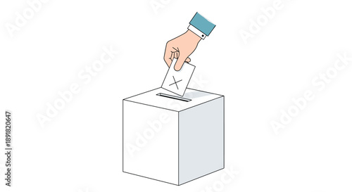 Hand Casting a Vote with an X Marked Ballot into a White Voting Box Illustration.