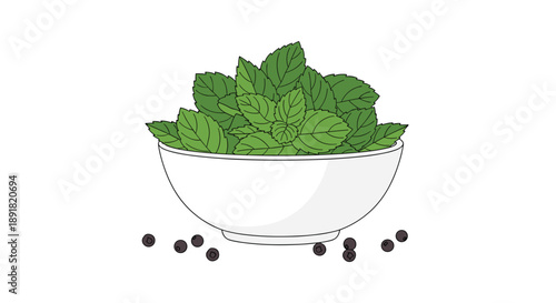 Fresh Mint Leaves in a White Ceramic Bowl with Black Peppercorns Scattered Around.